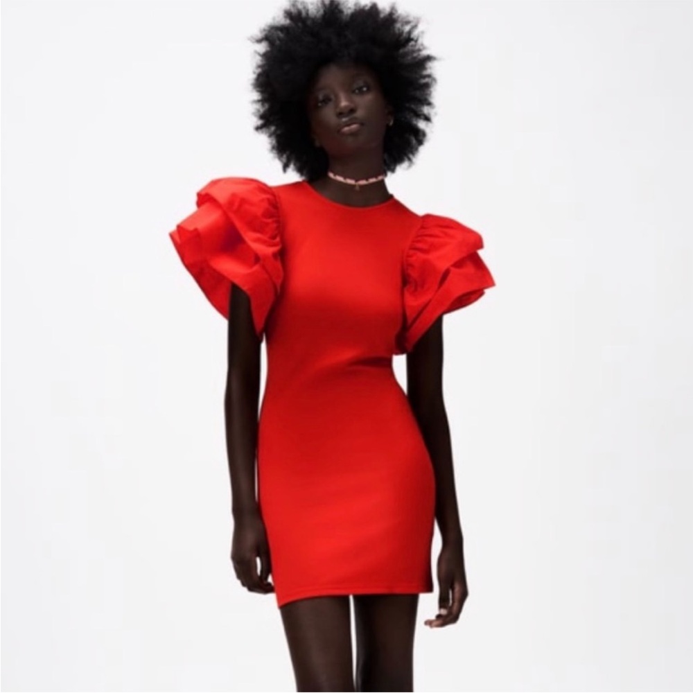 Zara Vibrant Red Puff Sleeve Mini Dress